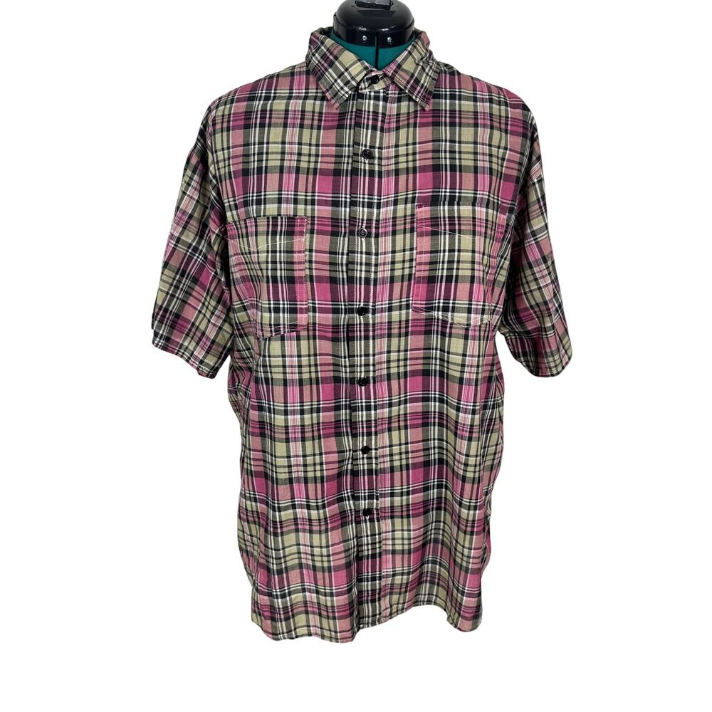 Vtg 90s Pink Plaid Short Sleeve Button Down Shirt Oversized Grunge Skater Unisex